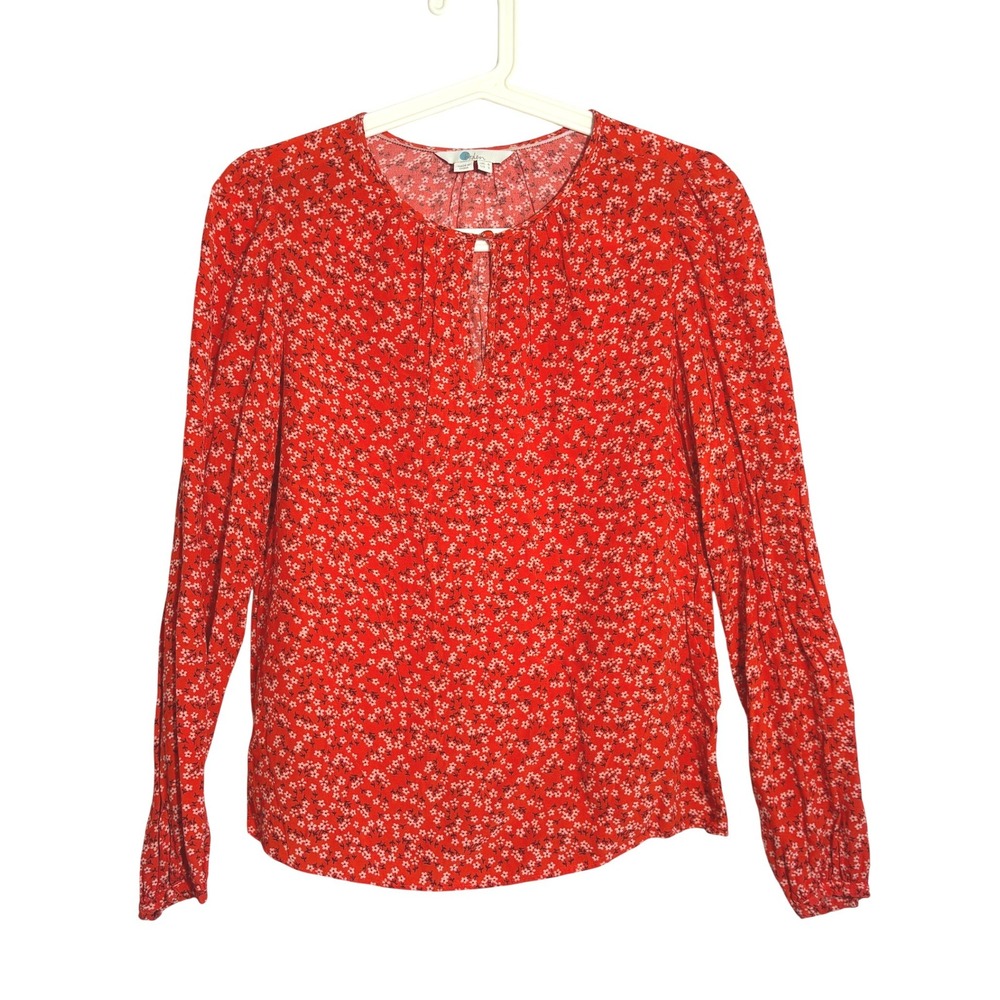Boden‎ Red Floral Long Sleeve Keyhole Blouse Womens US 2 UK 6 Tiny Flower Print